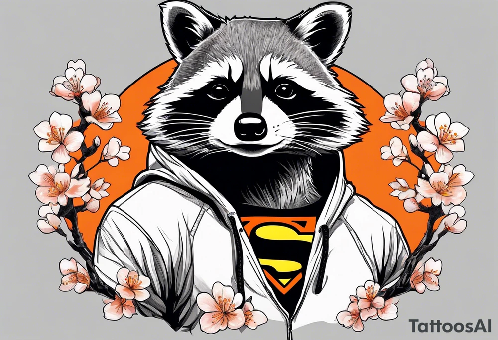 raccoon wearing a black and white Superman hoodie and orange Japanese cherry blossoms tattoo idea