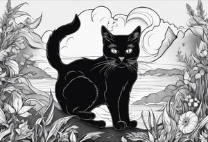 A black cat smoking a joint and realizing Reality is just a human construct and it doesnt exist. tattoo idea