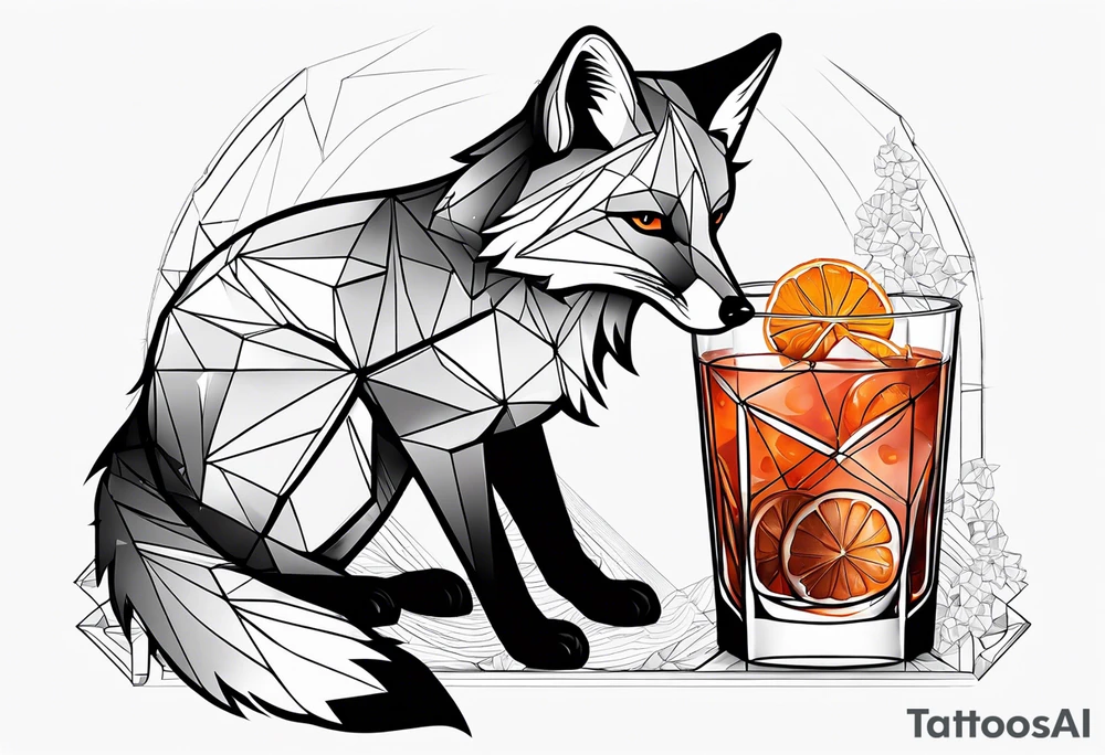Geometric fox with one Negroni in short lowball cocktail glass with ice and orange peel with no background tattoo idea