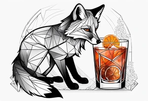Geometric fox with one Negroni in short lowball cocktail glass with ice and orange peel with no background tattoo idea