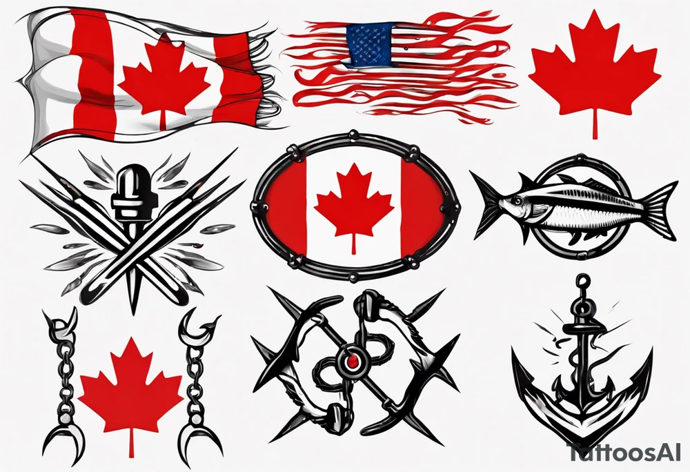 Canadian flag with crossed fish hooks tattoo idea