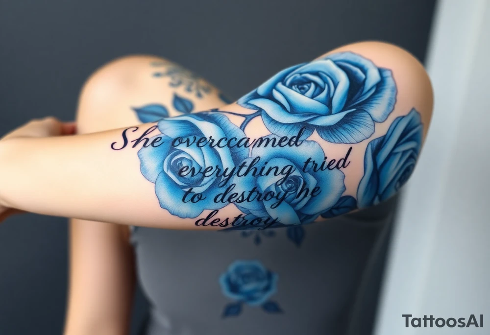blue roses with the quote She overcame everything that tried to destroy her tattoo idea