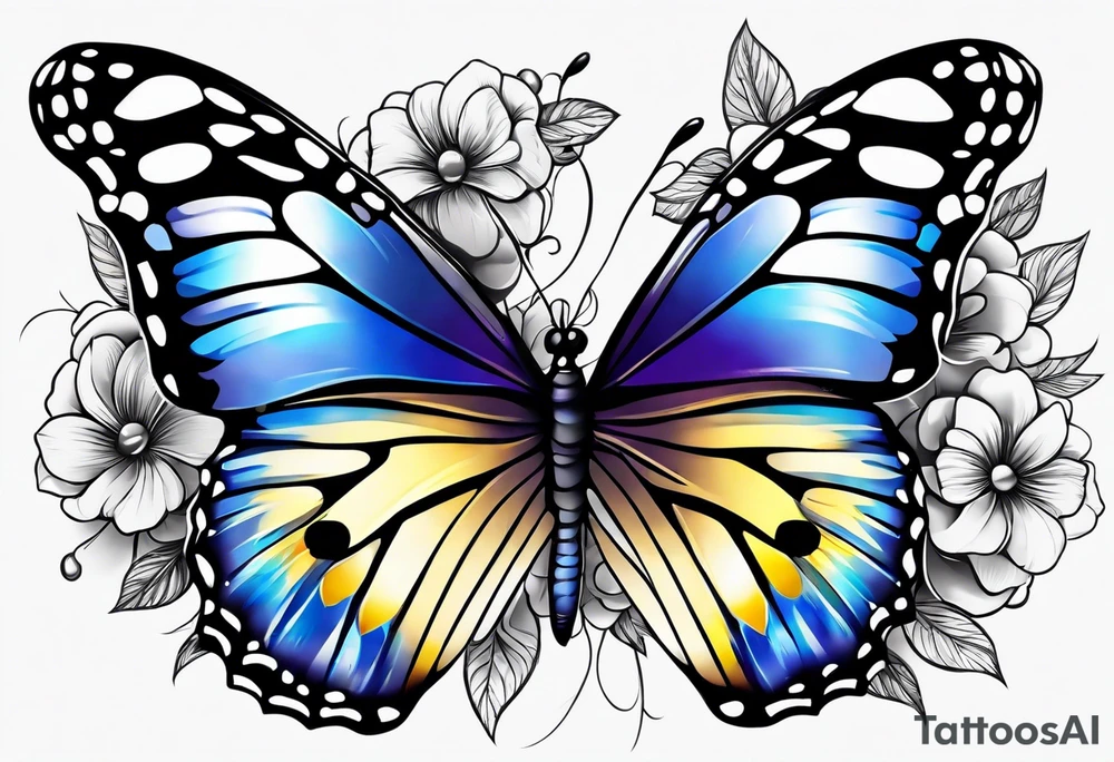 Arm sleeve Butterflies with purple, yellow and blue flowers tattoo idea
