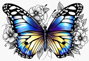 Arm sleeve Butterflies with purple, yellow and blue flowers tattoo idea