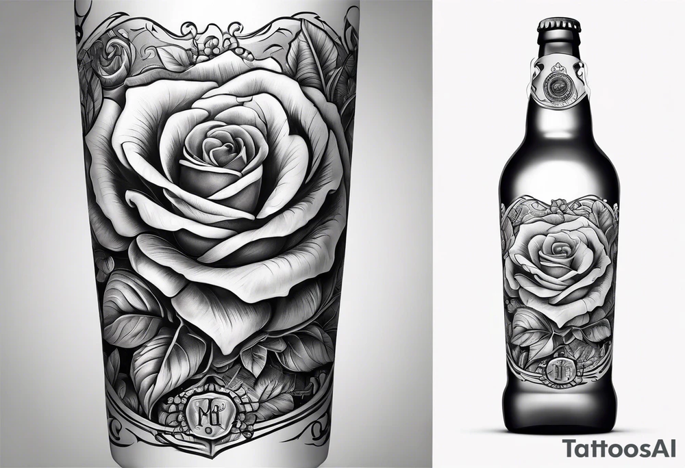 A bottle of beer and a stalk of rose in the bucket tattoo idea