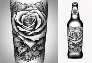 A bottle of beer and a stalk of rose in the bucket tattoo idea