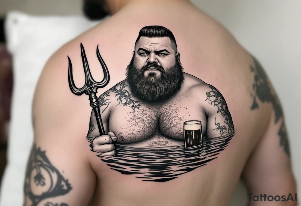 Gay fat guy, with trident, half way in calm water, with a beer tattoo idea