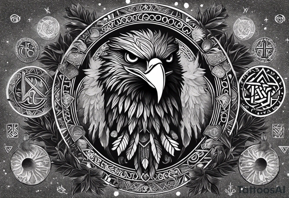 Polish eagle surrounded by viking runes sitting on the tree of life, scattered random geometric shapes and ancient artifacts, include Bruce Springsteens simply the best song it will be a long sleeve tattoo tattoo idea