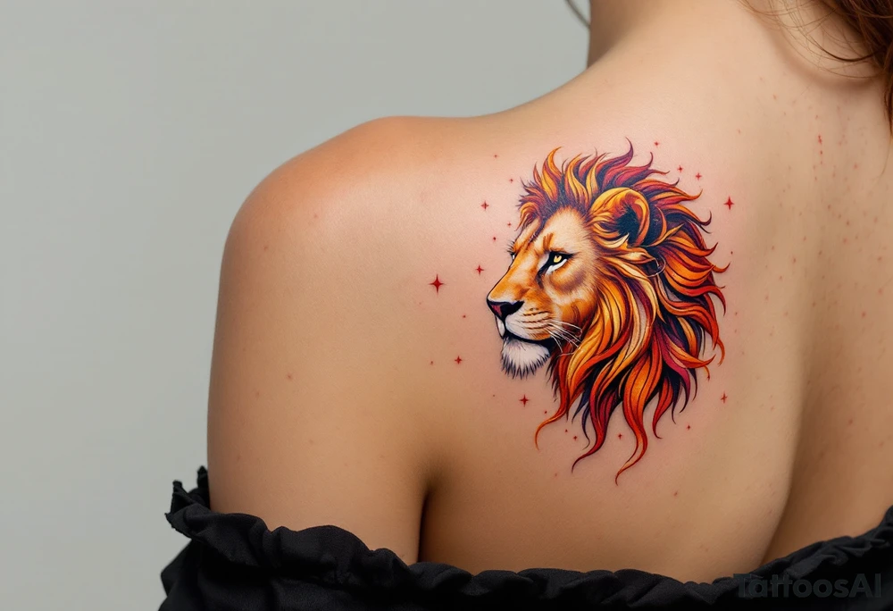 The vivid Leo star constellation arcs across a majestic lion’s back, rendered in warm ochre and crimson tones. tattoo idea