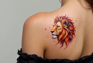 The vivid Leo star constellation arcs across a majestic lion’s back, rendered in warm ochre and crimson tones. tattoo idea