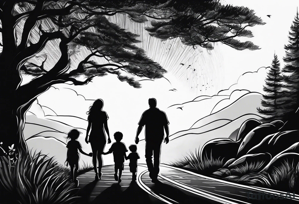 sleeve tattoo sun rays with road and dad, daughter and son silhouette tattoo idea