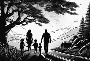 sleeve tattoo sun rays with road and dad, daughter and son silhouette tattoo idea