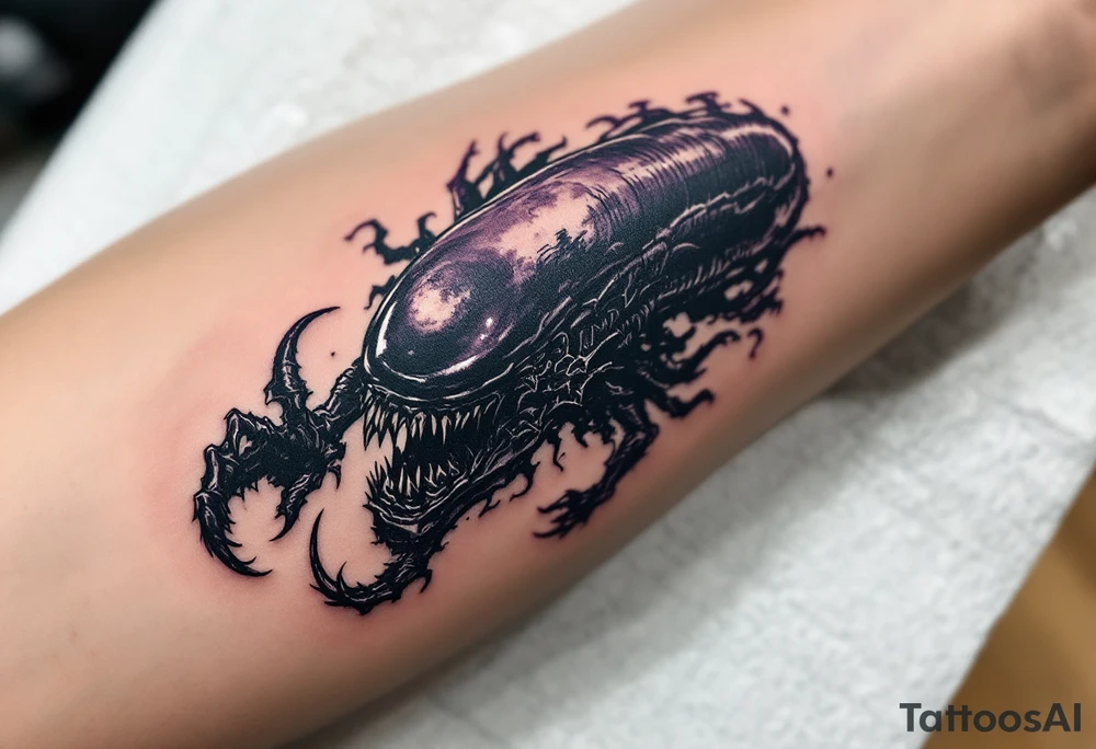 A realistic Xenomorph in mid-pounce, its glossy black body and sharp claws contrasted with subtle, deep purple highlights under the moonlight. tattoo idea