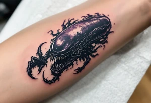 A realistic Xenomorph in mid-pounce, its glossy black body and sharp claws contrasted with subtle, deep purple highlights under the moonlight. tattoo idea