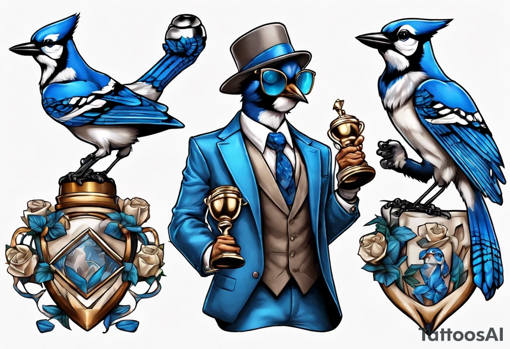 bluejay in a suit holding a trophy tattoo idea