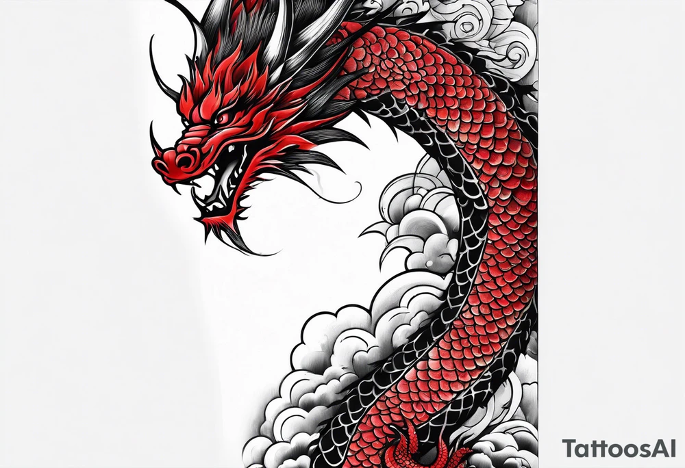 dragon irezumi arm sleeve in black and red tattoo idea