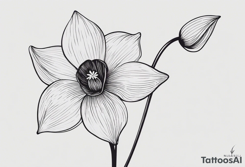 A minimalist daffodil flower. Let the daffodil flower be minimalist and have yellow lines. And has a 52o flowers. Let the stem of the flower extend downwards and instead of the stem write "muadil" in cursive tattoo idea