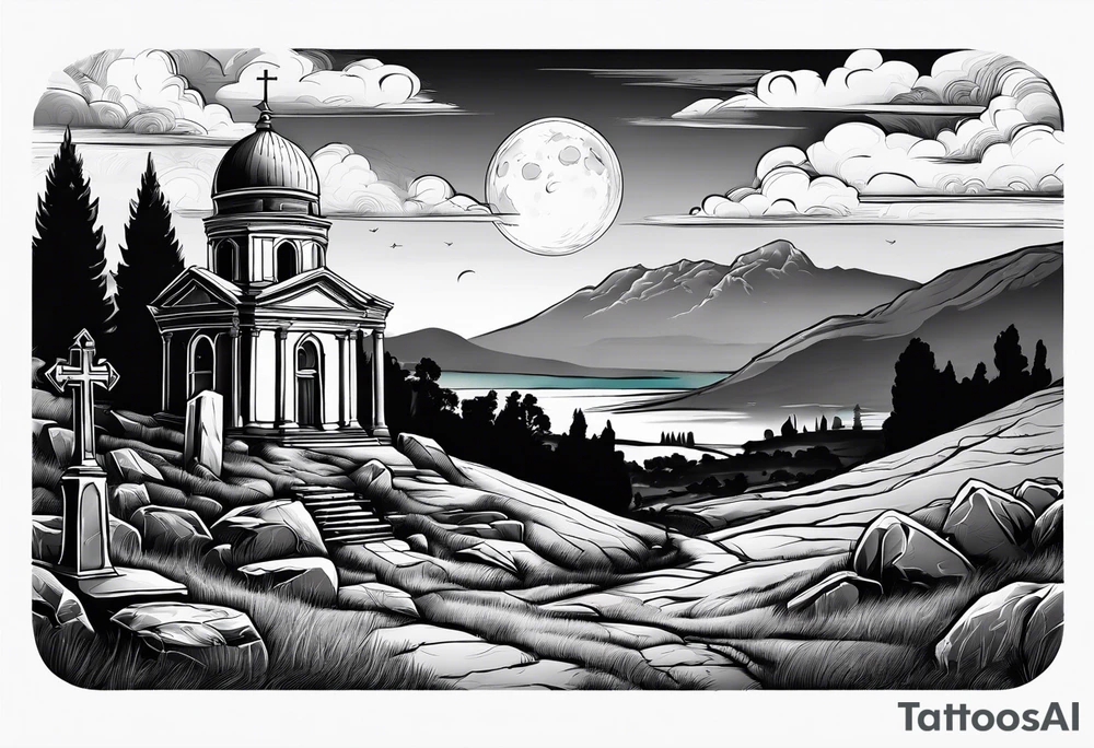 Graveyard with moon and greek church on hills with clouds tattoo idea