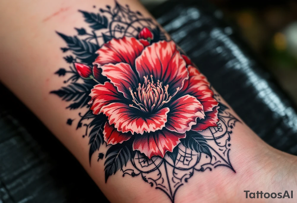 red  and black rhododendron trippy with mandala behind tattoo idea