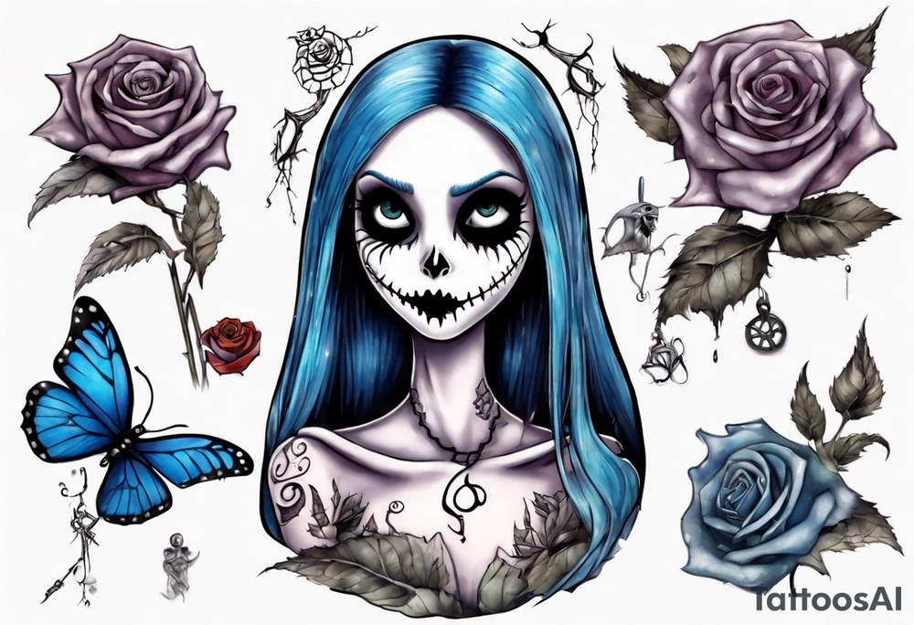 Nightmare before Christmas Sallyholding a flower. With a blue butterfly flying around her tattoo idea