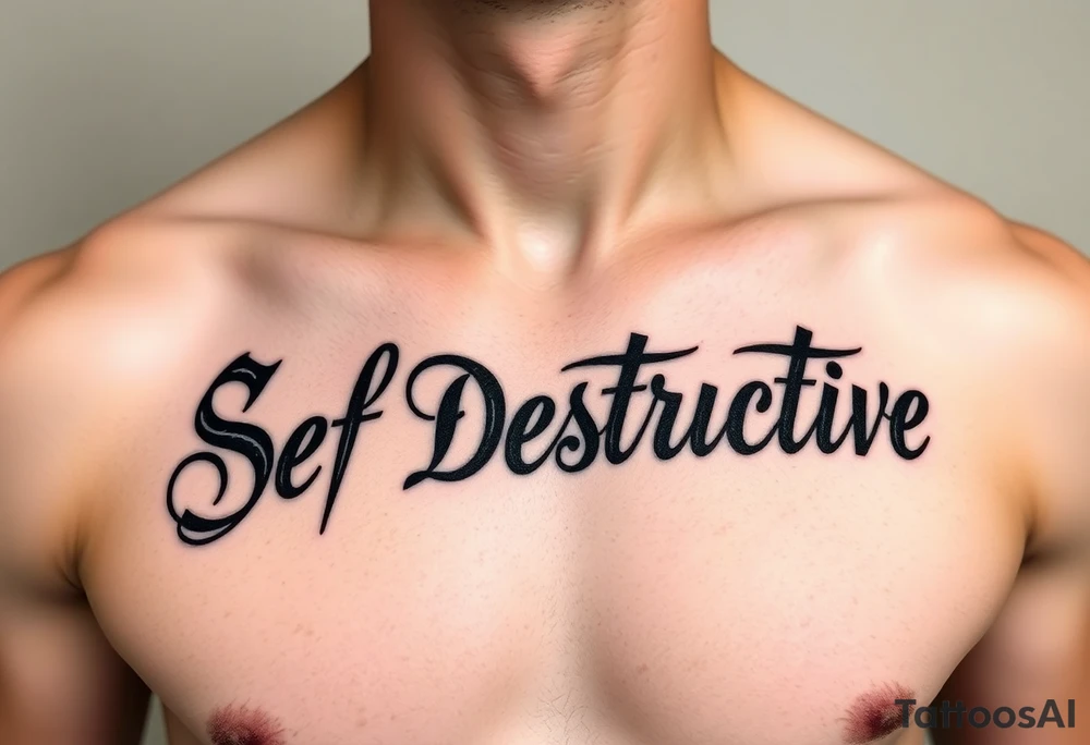Outline of the words Self Destructive in a bold and thick gothic black letter cursive/ curly font lettering across the chest tattoo idea