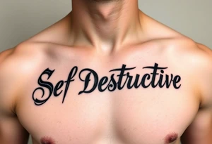 Outline of the words Self Destructive in a bold and thick gothic black letter cursive/ curly font lettering across the chest tattoo idea