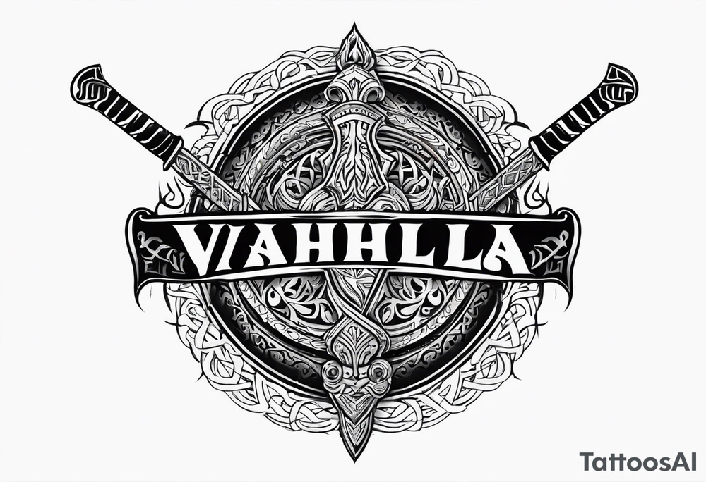 Valhalla round shield fire sword tattoo idea