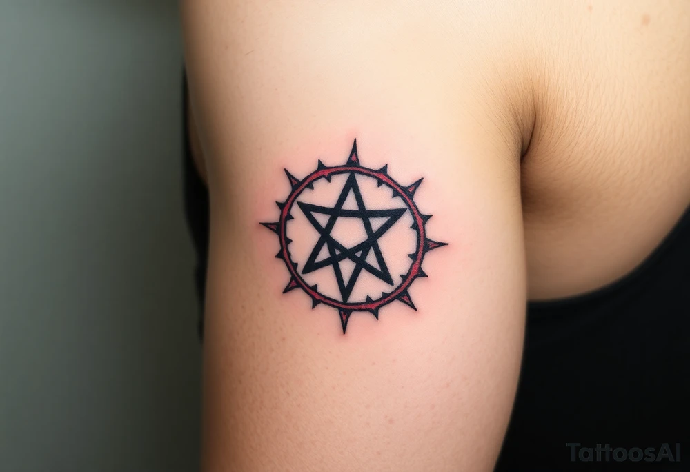 A pentagram surrounded by thorns, with deep reds and blacks, representing occult power and mystery tattoo idea