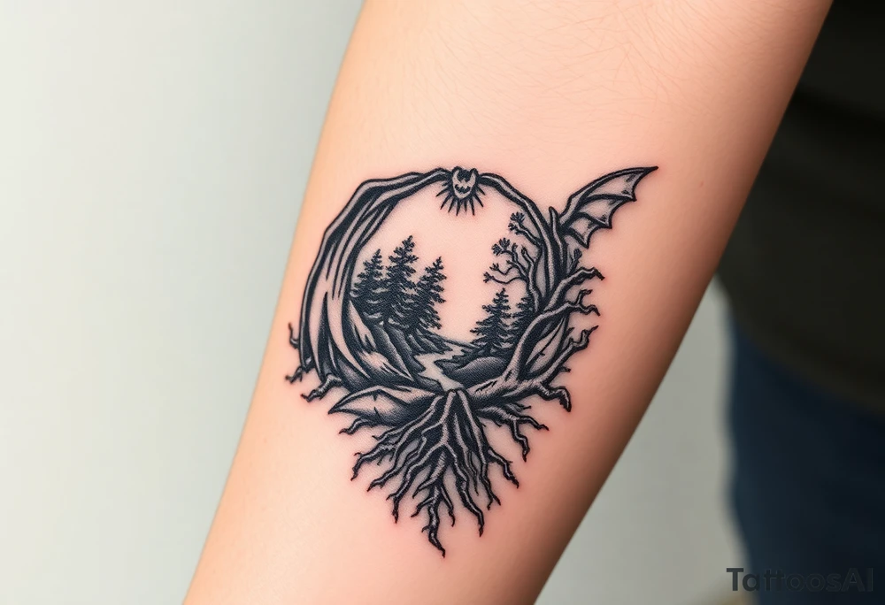 Cave,vines,river,bats,trees,roots tattoo idea