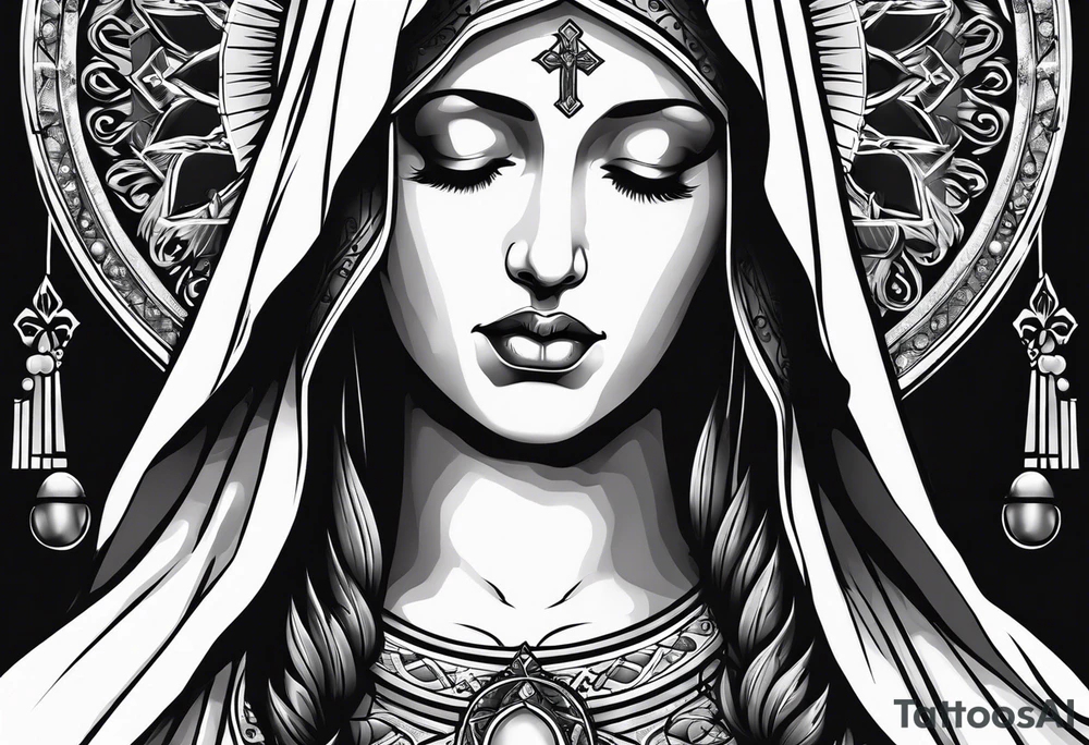 Virgin Mary  looking down with black tears and rosary young version tattoo idea