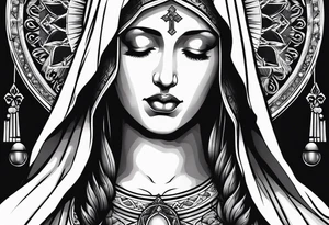 Virgin Mary  looking down with black tears and rosary young version tattoo idea