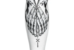 Prayer hands with Last Name Obando on calf tattoo idea