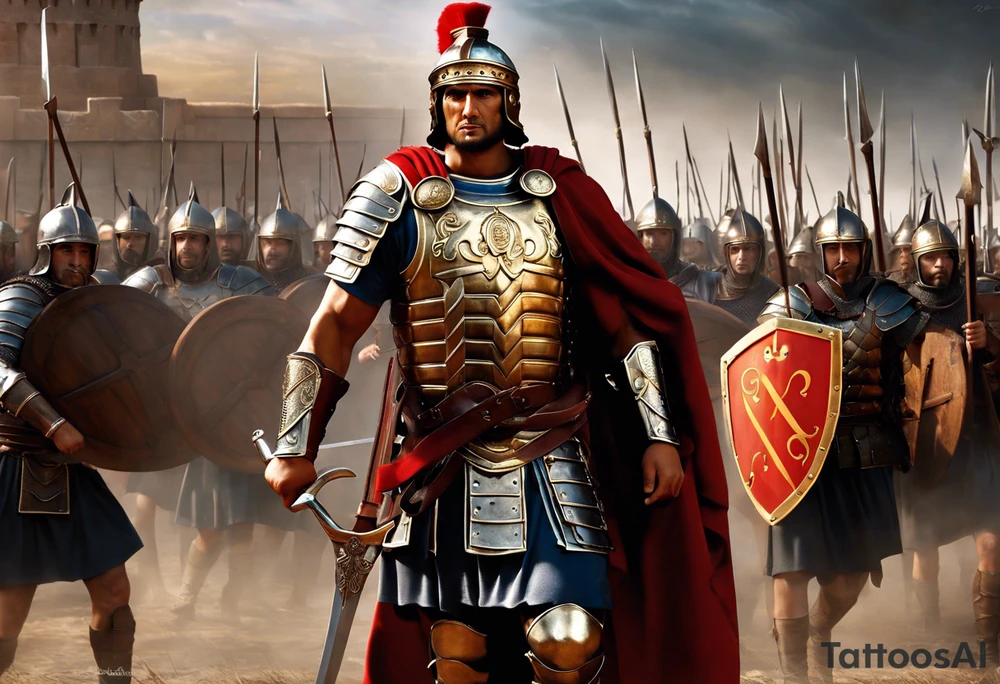 roman soldier from AD 60, wearing the armor of God which is described like this: "Finally, be strong in the Lord and in the strength of his might. Put on the whole armor of God, so that you may be able to stand against the wiles of the devil. For our struggle is not against enemies of blood and flesh, but against the rulers, against the authorities, against the cosmic powers of this present darkness, against the spiritual forces of evil in the heavenly places. Therefore take up the whole armor of God, that you may be able to withstand in the evil day, and having done everything, to stand firm. Stand therefore, having girded your loins with truth, and having put on the breastplate of righteousness, and having shod your feet with the readiness which comes from the gospel of peace. In all circumstances take up the shield of faith, with which you can quench all the flaming darts of the evil one. And take the helmet of salvation, and the sword of the Spirit, which is the word of God." All elements of the armor need to be shown in the image. Full body. tattoo idea