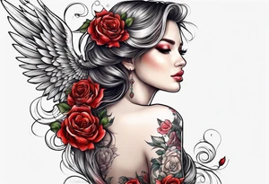 Beautiful woman angle with wings standing from head to toe imagine surrounded by roses tattoo idea