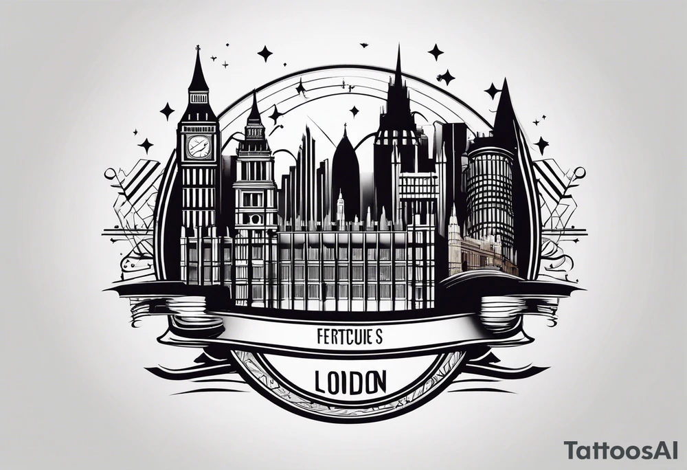 A minimalistic, abstract design capturing the architectural essence and vibe of London. Key elements of London’s skyline and structure are hinted at with clean lines, and subtle detailing includes personal touches, like a nod to Feid’s signature look (hat, glasses, mustache), integrated discreetly to honor a memorable concert experience. tattoo idea