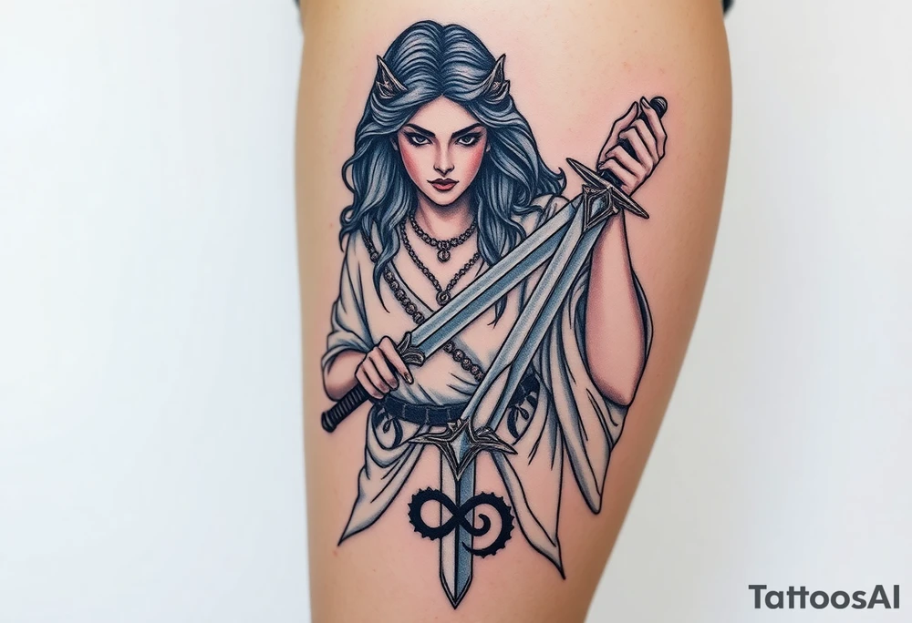 A powerful Virgo warrior goddess, draped in elegant white robes, wielding a silver dagger engraved with the Virgo glyph tattoo idea