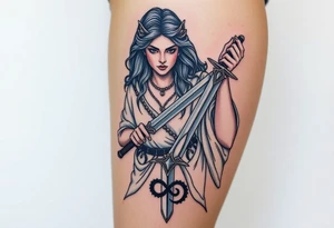 A powerful Virgo warrior goddess, draped in elegant white robes, wielding a silver dagger engraved with the Virgo glyph tattoo idea