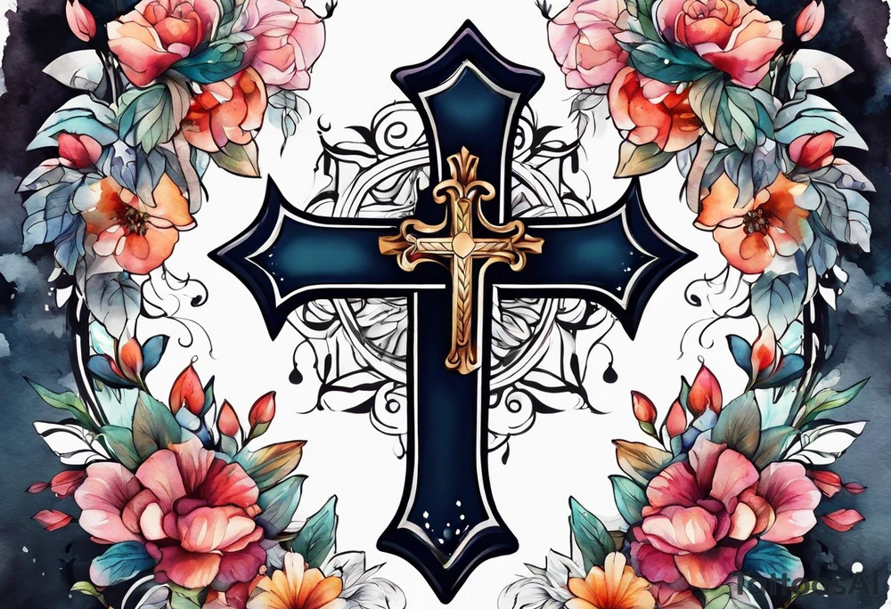 cross with watercolor backgound tattoo idea