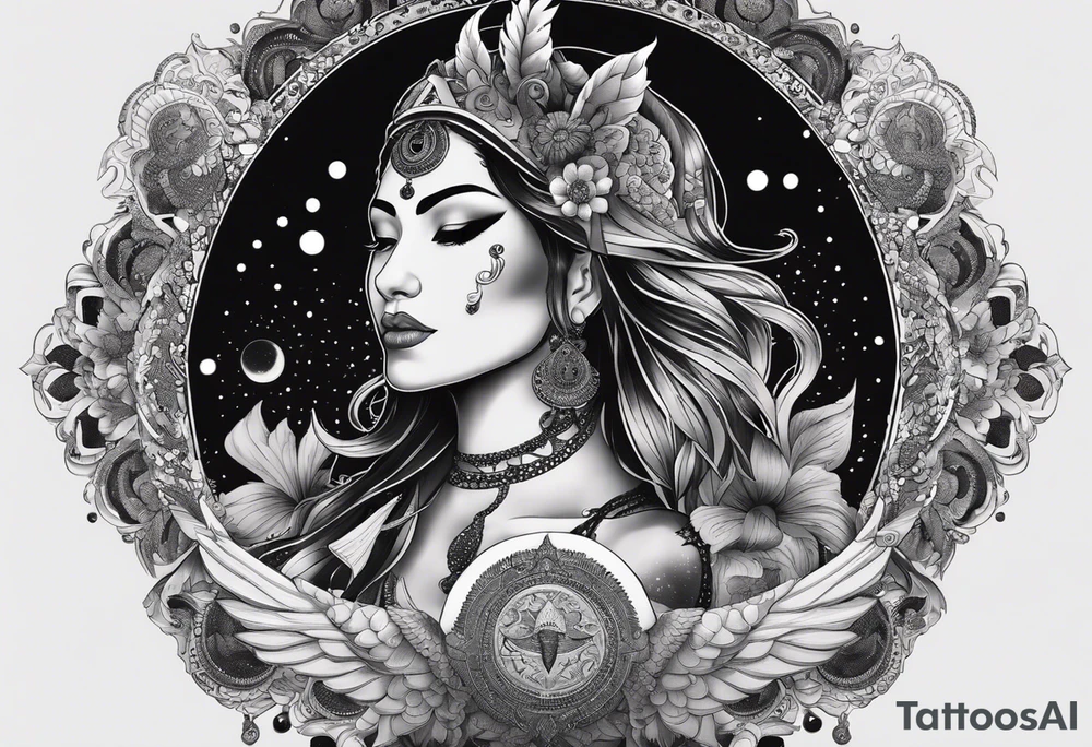 black kali, goddess pirate, alien, angel, pachamama, valkrye, warrior, flying, skull, lotus azul, wing, eagle, zenza resonance, stars, 5D, anahata chakra, death, durga, riding on a tiger, flying lady, kundalini, chest tatoo, samuri, rebel, serpent tattoo idea