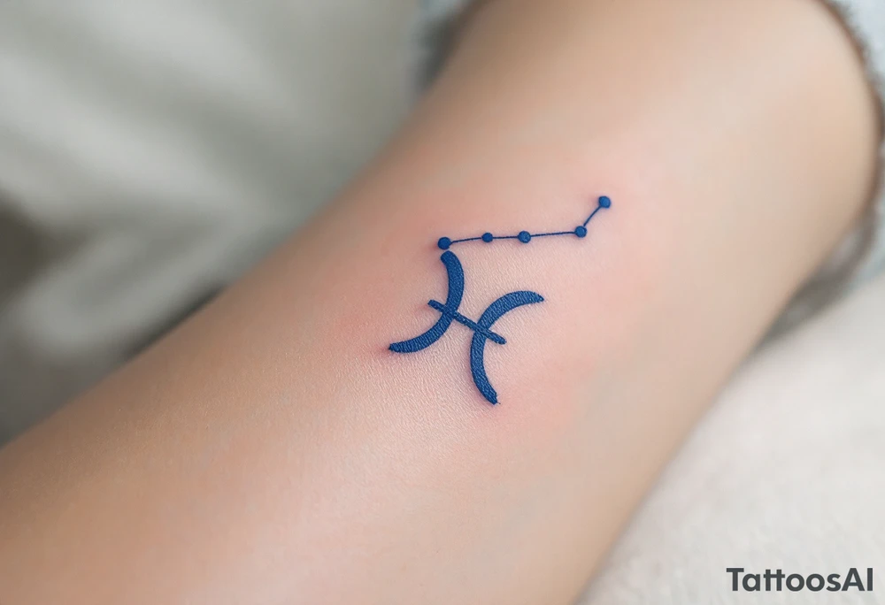 A bold constellation in sapphire ink arcs over a pale Pisces glyph, creating a celestial connection on the wrist. tattoo idea