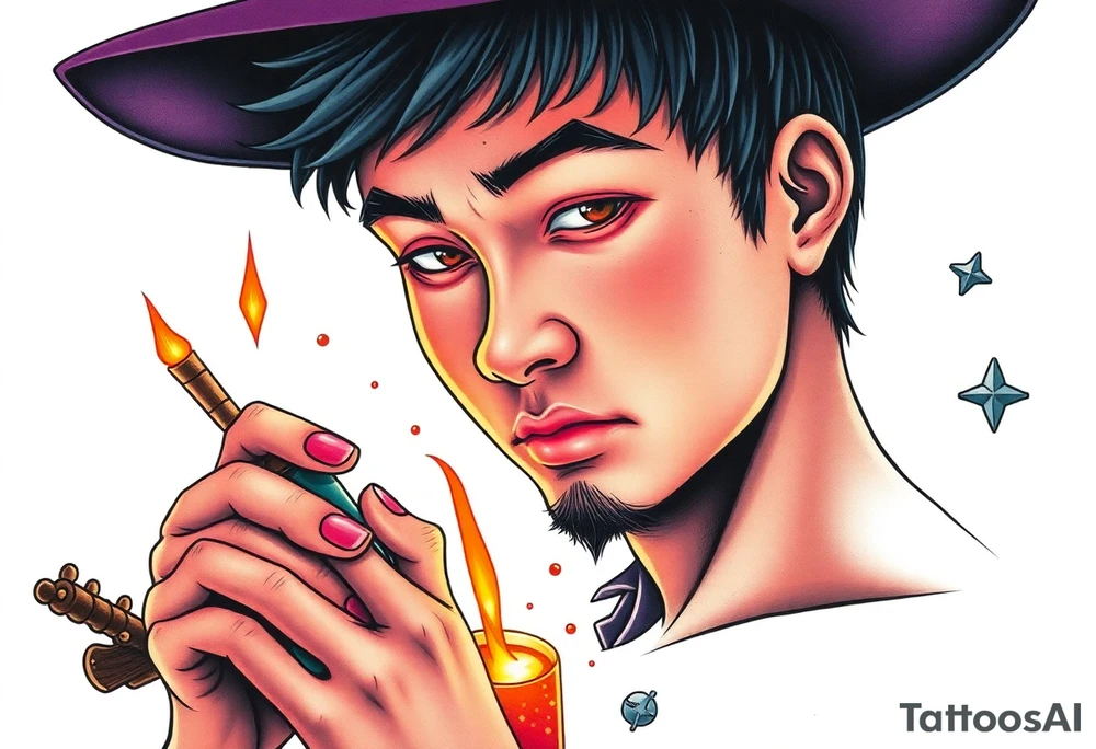 Handsome Asian young adult guy is  accidentally stumbled upon witch tools, supplies, artifacts, potions and exploring it curiously tattoo idea