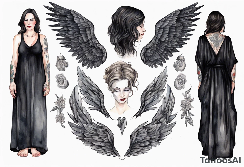 a beautiful 45 year old Dakota woman with pale skin wearing a black robe with black angel wings, bare feet tattoo idea