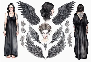 a beautiful 45 year old Dakota woman with pale skin wearing a black robe with black angel wings, bare feet tattoo idea