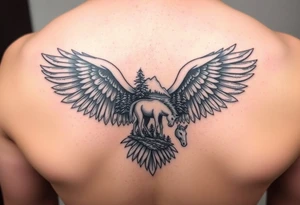 I want an eagle but inside of its wings I want a forest and a little river and maybe a horse drinking from the river. Not too big it has to fit on a 2 inch by 2 inch area tattoo idea