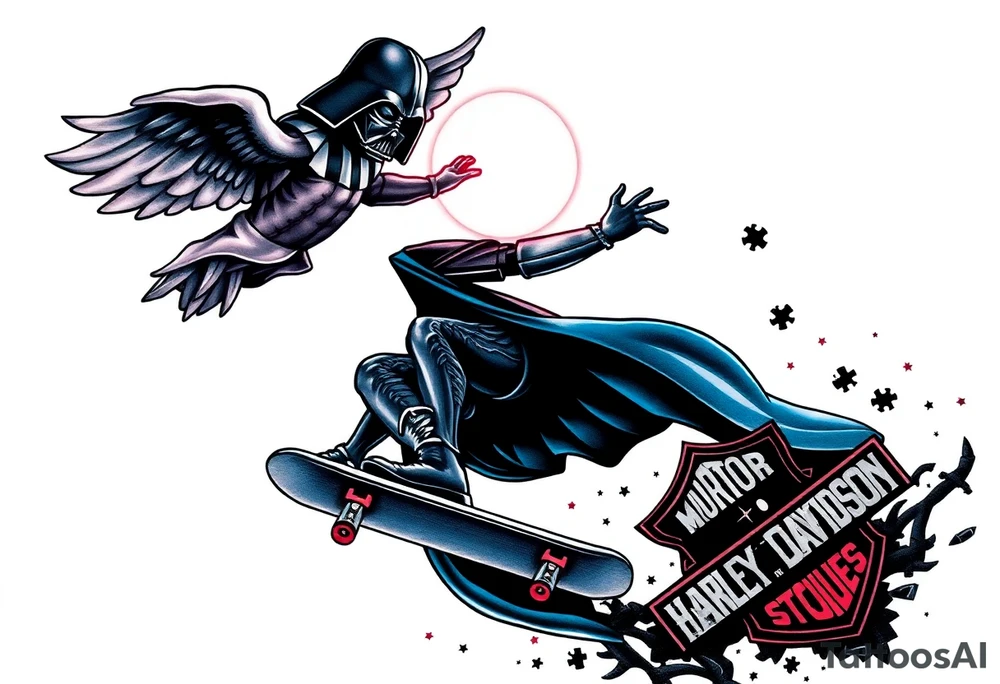 darth vader skateboarding, heaven, outdoors, Harley Davidson, bullets, puzzle red & blue colors

WORDS "Seth J. Carter"
12/29/88-01/06/24 tattoo idea