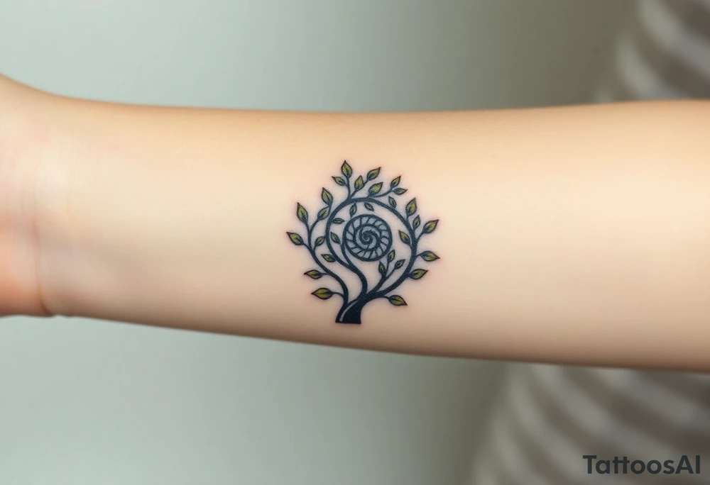Fibonacci spiral shell inside of tree with little leaves tattoo idea