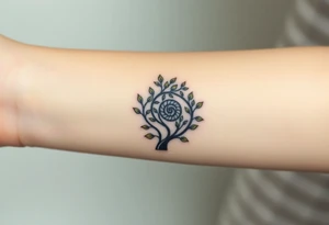 Fibonacci spiral shell inside of tree with little leaves tattoo idea