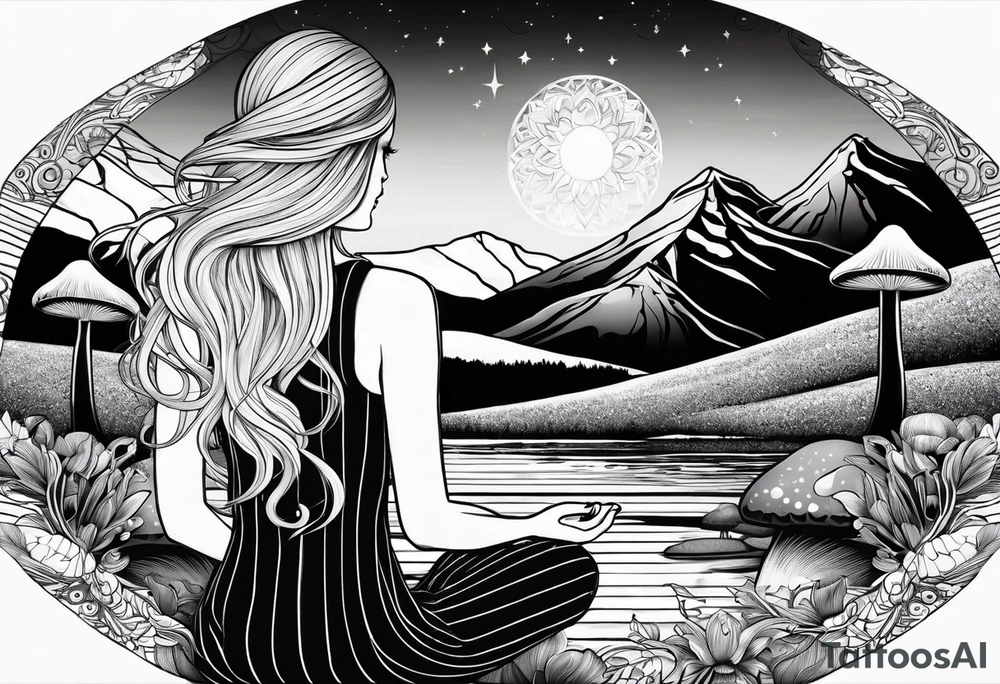 Straight blonde hair girl meditating facing away toward mountains surrounded by mushrooms crescent moon mandala circular design black and white striped dress tattoo idea