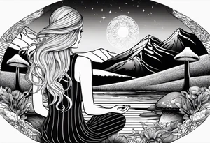 Straight blonde hair girl meditating facing away toward mountains surrounded by mushrooms crescent moon mandala circular design black and white striped dress tattoo idea