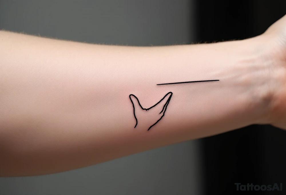 Minimalistic black line tattoo of a simple hand outline reaching toward a thin ray of light, clean and abstract design tattoo idea